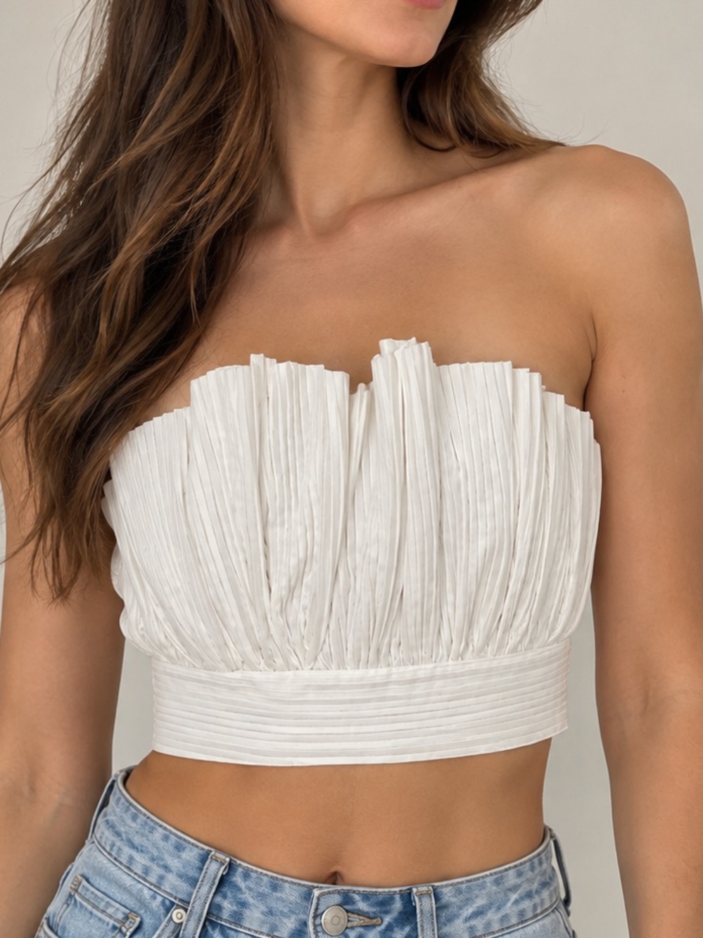 White Pleated Strapless Bandeau Top